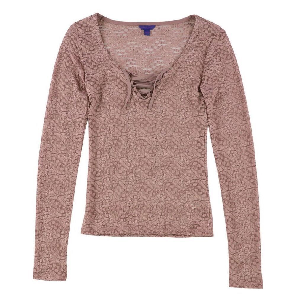 Aeropostale Women’s Large Lace Long Sleeve Pullover Blouse Mauve Lace Up Top Y2K